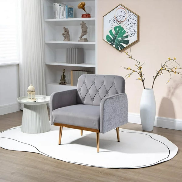 Mid Century Modern Accent Chair, Velvet Fabric Single Lounge Reading Armchair with Button Tufted & Side 3D Pattern, Upholstered Comfy Accent Arm Chairs with Tapered Legs for Living Room, Bedroom, Grey