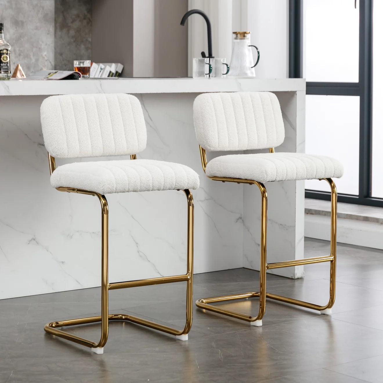 Mid-Century Modern Bar Stools Set of 2,Counter Height Bar Stools with Gold Metal Chrome Base,Upholstered Boucle Fabric Armless Barstools for Dining Room,Kitchen,Ivory