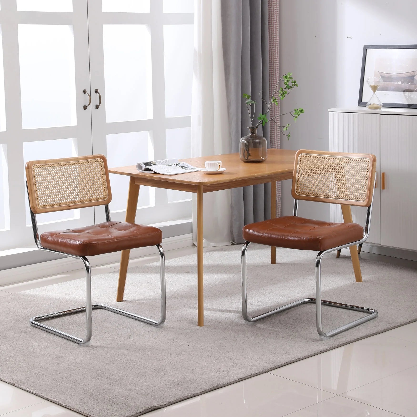 Mid Century Modern Dining Chairs,Upholstered Living Room Chairs with Rattan Backrest,Accent Chair for Kitchen Living Room Wine Bar,Set of 2,Brown