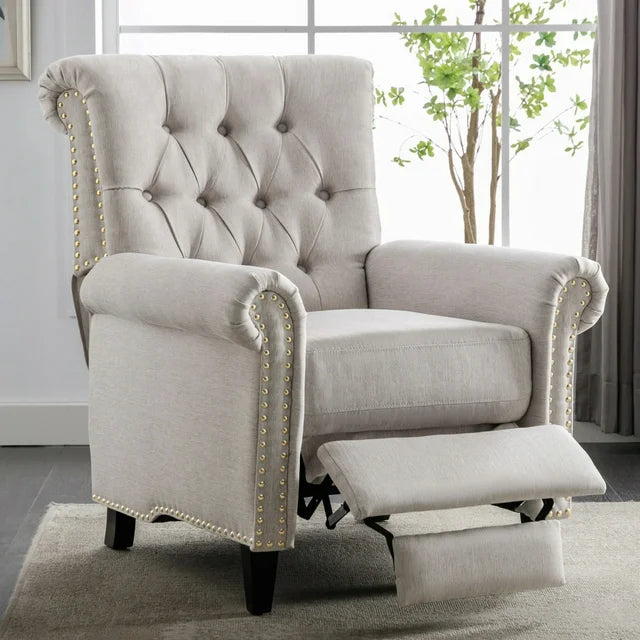 Mid-Century Modern Recliner Chair Single Sofa Home Theater Seatting Linen Tufted Adjustable Single Reclining Armchair with Nailheads Roll Arm for Living Room, Bedroom, Reading Room, Office, Tan