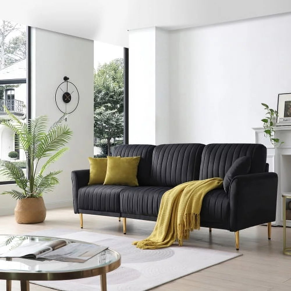 Mid-Century Velvet Sofa, Loveseat Accent Sofa with Golden Metal Legs, Channel Tufted Couch, for Living Room Bedroom Apartment Small Space Dorm, Black