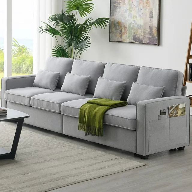 Minimalist Style Couch for 4, 4-Seater Modern Linen Fabric Sofa with Armrest Pockets and 4 Pillows, Accent Upholstered Sofa with Seat and Back Cushion, Suitable for for Living Room, Office, Light Gray