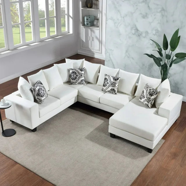 Modern 7 Seater Modular Sofa, U Shape Sectional Couch with 4 Unique Pillows and Chaise Lounge, Velvet Corner Couch for Living Room, Office, White