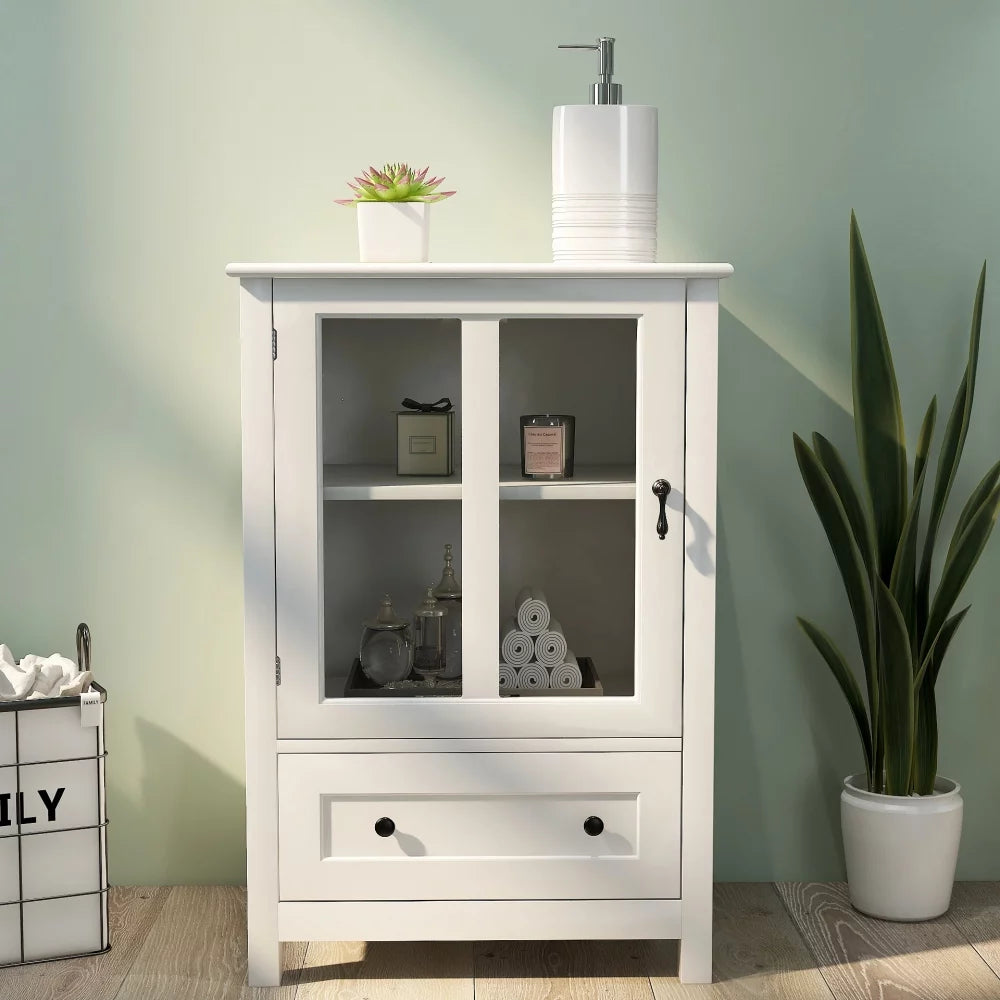 Modern Buffet and Sideboard with Unique Metal Bell Handles, White Double Glass Doors, Compartments and Drawer, Modern Storage Cabinet for Kitchen Dining Room Hallway Entryway