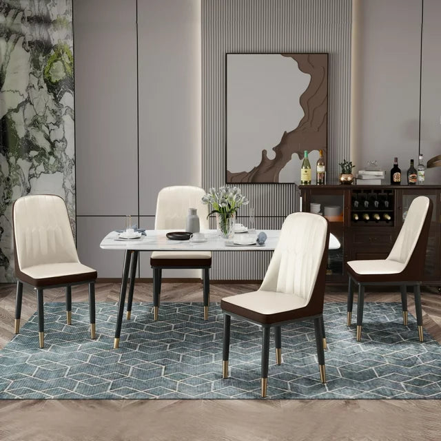 Modern Dining Chairs Set of 4, PU Leather Upholstered Dining Room Chairs with Backrest and Gold Metal Legs, Comfy Armless Side Chairs for Dining Room, Living Room,Restaurant,Kitchen,Brown+Beige