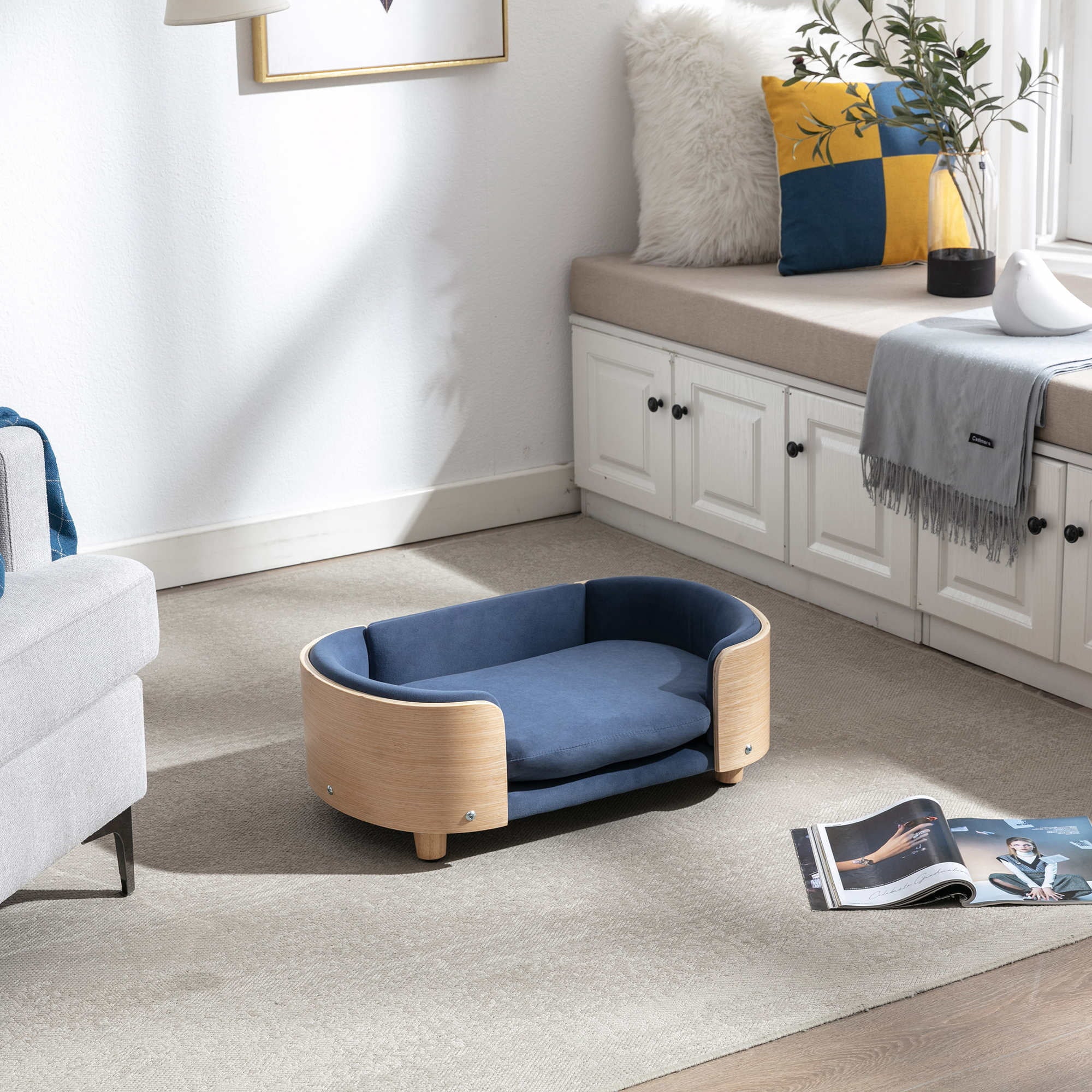 Modern Elevated Dog Cat Bed Pet Sofa with Solid Wood Legs and Bent Wood Back, Velvet Cushion, Sofa-Style Pet Beds for Small/Medium/Large Dogs & Cats, for Indoor, Small Size, Dark Blue
