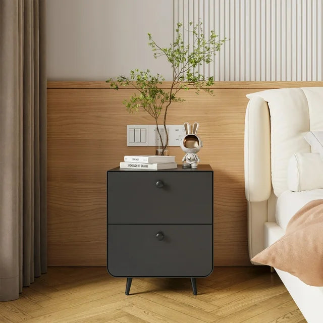 Modern Night Stand,Steel Storage Cabinet with 2 Drawers and Circular Handle,Bedside Table for Living Room Bedroom,Black