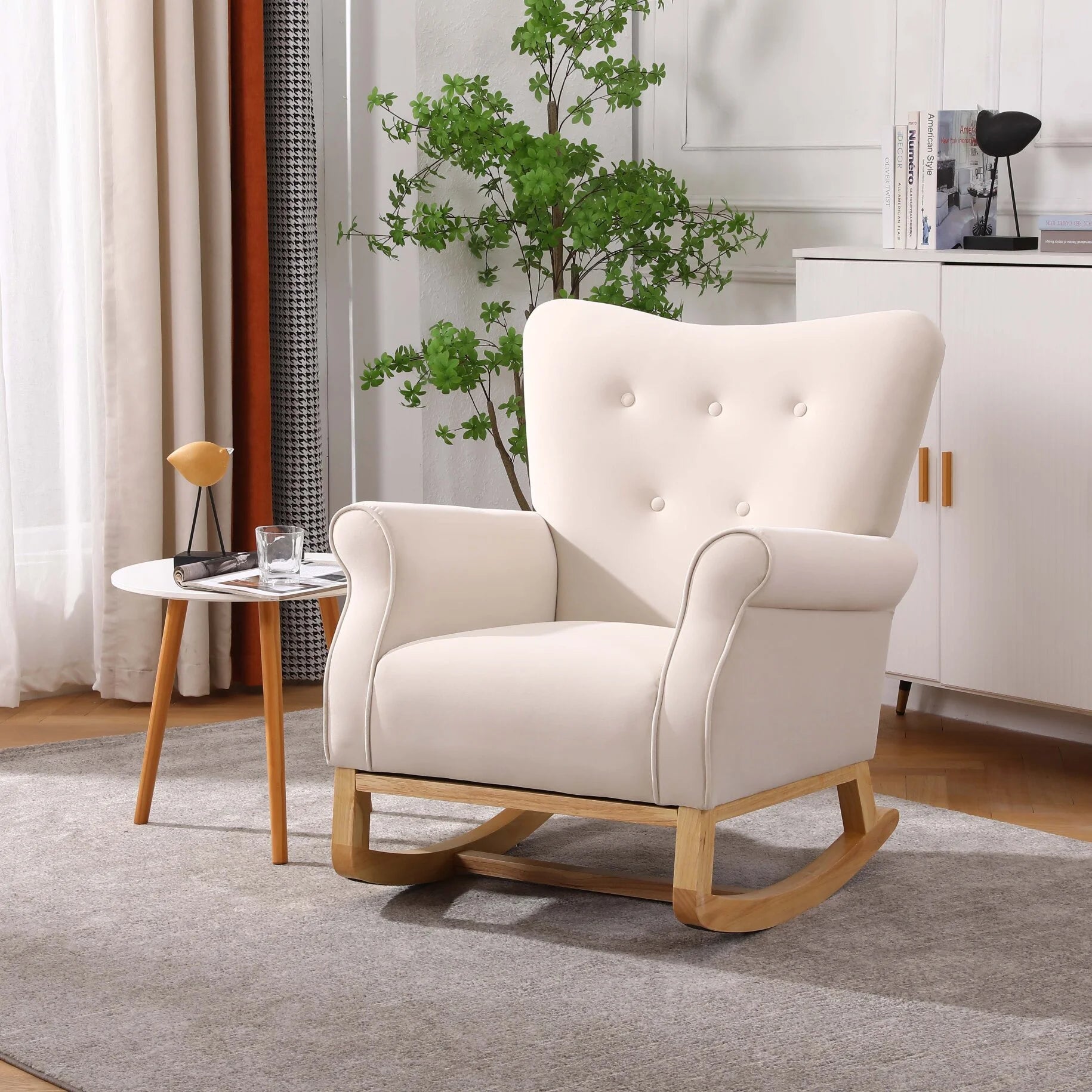 Modern Rocking Chair, Upholstered Accent Chair with Padded Seat,Small Contemporary Rocker for Nursery, Playroom, Bedroom and Living Room,Kids Cushioned Arm Chair,Beige
