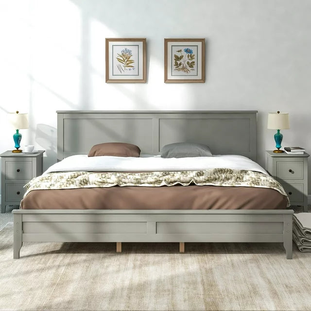 Modern Solid Wood King Size Platform Bed with Headboard/Footboard, Wood Bed Frame Wood Slat Support, Deluxe Wood Platform Bed Frame, No Box Spring Needed, for Adults, Teens, Gray