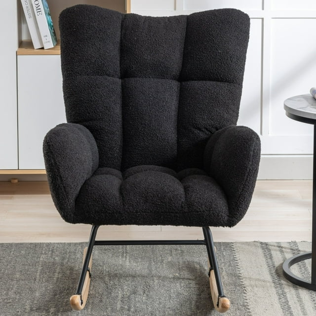 Modern Teddy Fabric Nursery Rocking Chair, Wingback Glider Rocker Accent Chair with Solid Wood Base Metal Frame for Bedroom, Living Room, Porch, Office, Black