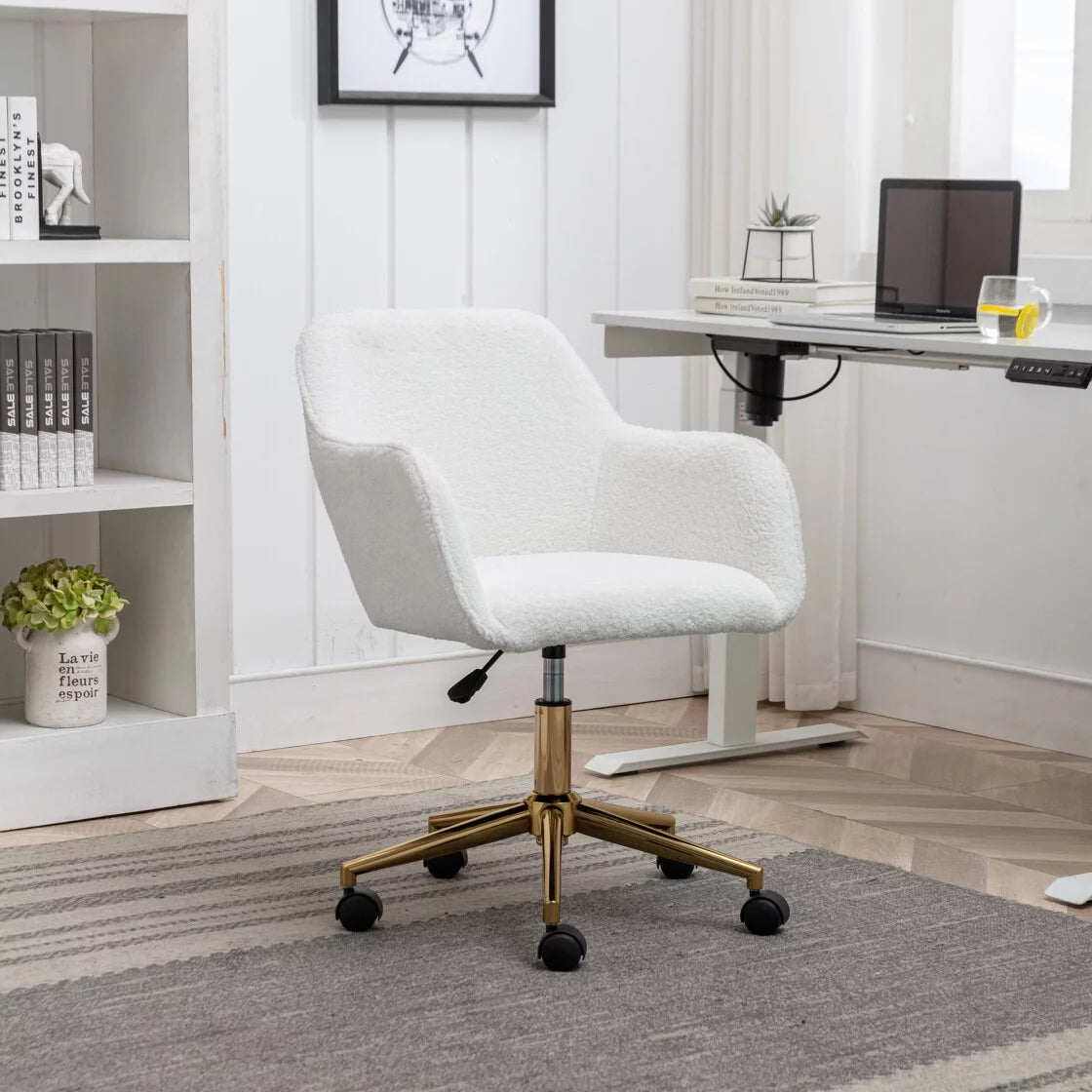 Modern Teddy Home Office Chair Swivel Desk Chair Adjustable Accent Armchair Upholstered Modern Desk Chair with Gold Base Ergonomic Study Seat Vanity Stools for Living Room Bedroom, White