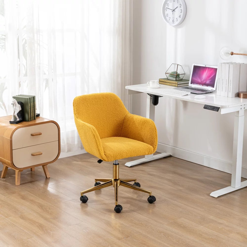 Modern Teddy Home Office Chair Swivel Desk Chair Adjustable Accent Armchair Upholstered Modern Desk Chair with Gold Base Ergonomic Study Seat Vanity Stools for Living Room Bedroom, Yellow