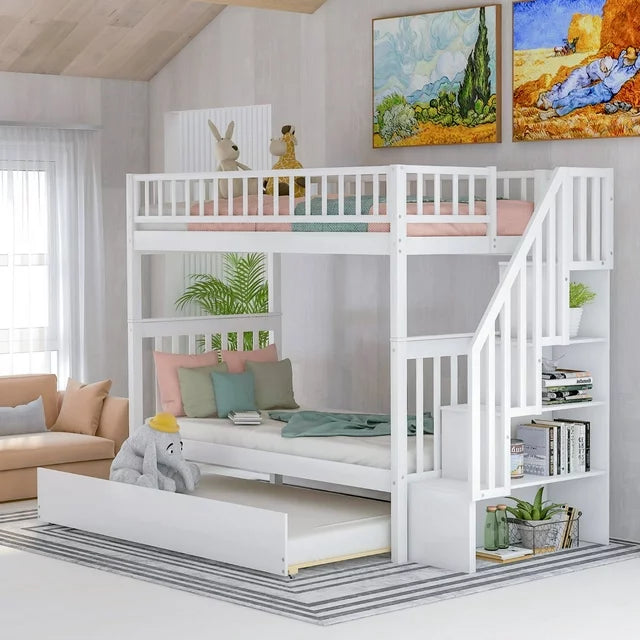 Modern Twin Over Twin Wood Bunk Bed with Trundle and Storage, Converted to 2 Twin Beds Frame with Ladder and Stairs for Kids Adults, Saving Space, White