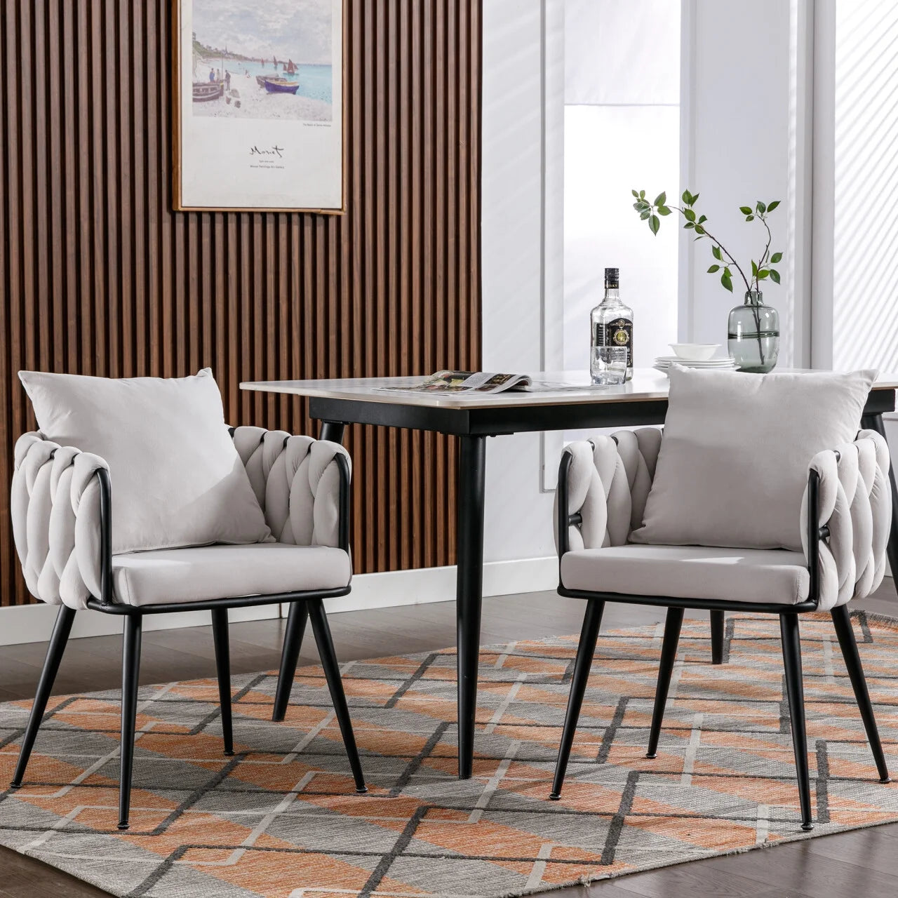 Modern Velvet Dining Chairs Set of 2,Accent Chair with Woven Back and Black Metal Legs,Upholstered Side Chair for Dining Room Kitchen Vanity Living Room,Ivory