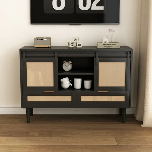 Natural Rattan Storage Cabinet with Sliding Barn Door, Modern TV Stand with 2 Enclosed Storage Cabinet, Drawers and Open Shelf in The Middle, Console Table for Living Room Bedroom, Black