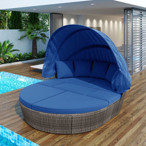 Outdoor Sectional Furniture, Rattan Outdoor Daybed with Retractable Canopy, Black Wicker Patio Sofas with Washable Cushions, Sectional Sofa Set for Backyard Porch