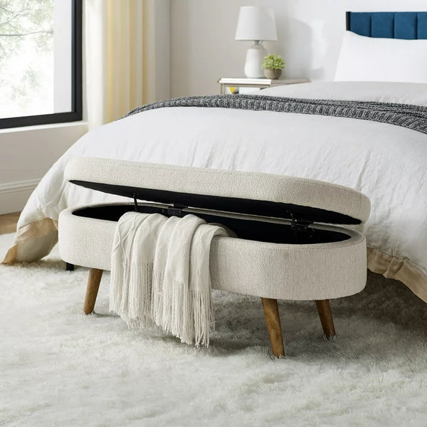 Oval Storage Ottoman Bench, 43.5" Linen Upholstered Storage Bench with Solid Wood Legs, Modern End of Bed Storage Bench Indoor Ottoman Bench with Storage for Living Room, Bedroom, Entryway, Beige