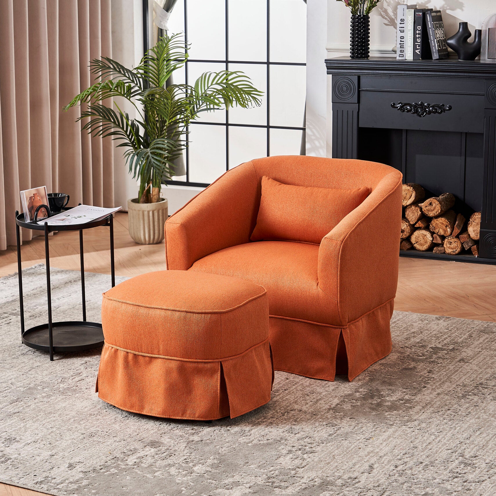 360-Degree Swivel Accent Chair with Ottoman, Linen Upholstered Armchair with Comfortable Backrest & Pillow, Round Barrel Chair for Nursery, Living Room, Bedroom, Office, Orange