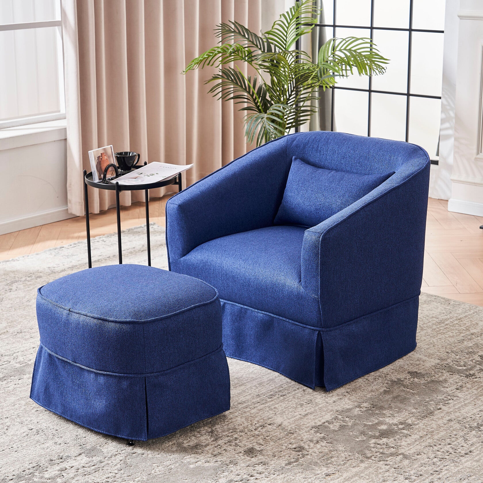 360-Degree Swivel Accent Chair with Ottoman, Linen Upholstered Armchair with Comfortable Backrest & Pillow, Round Barrel Chair for Nursery, Living Room, Bedroom, Office, Blue