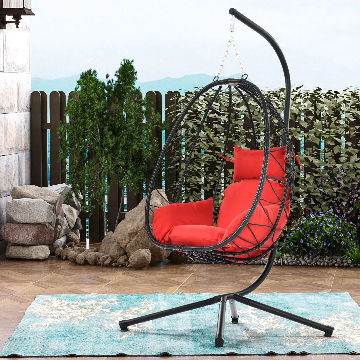 Patio Swing Chair, Outdoor PE Wicker Hanging Egg Chair with Metal Stand Base and Wicker Basket, Hammock Chair with Cushion for Balcony, Poolside, Backyard, Red Cushion