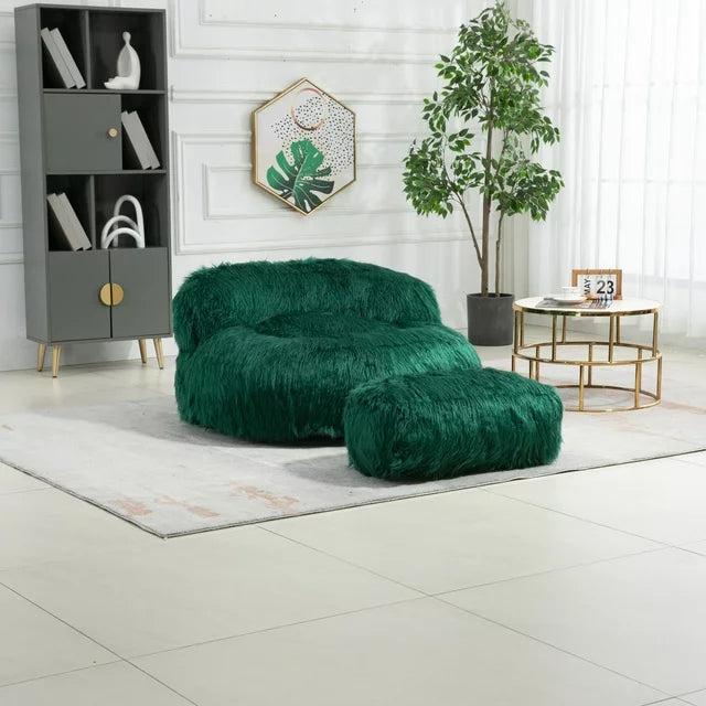 Plush Bean Bag Chair Set of 2, High Back Lazy Sofa Couch with Footstool and Metal base, Comfy Round Lounger with Armrests for Adults and Kids, Indoor & Outdoor, Emerald