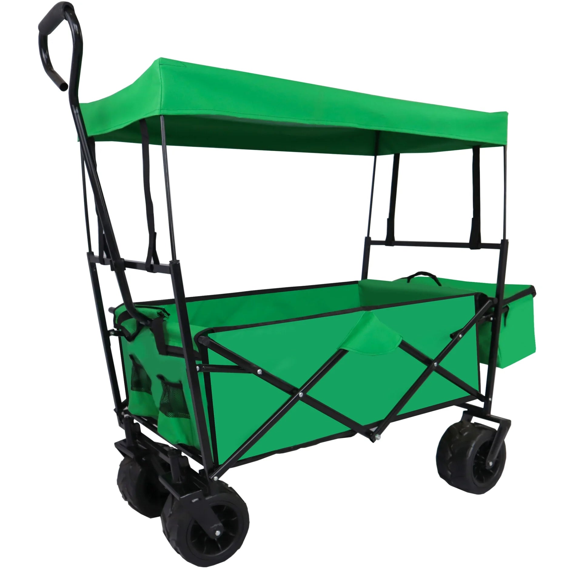 Portable Wagon Cart with Wheel, Utility Collapsible Kids Wagon with Canopy, Outdoor Beach Trolley Cart for Garden Camping Picnic Sports, Weight Capacity 250lbs, Green