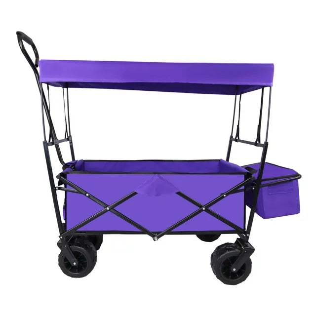 Portable Wagon Cart with Wheel, Utility Collapsible Kids Wagon with Canopy, Outdoor Beach Trolley Cart for Garden Camping Picnic Sports, Weight Capacity 250lbs, Purple