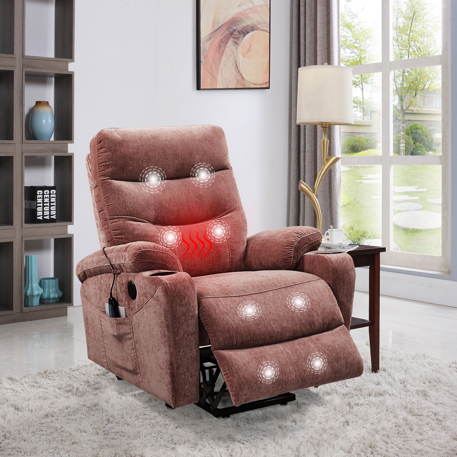 Power Lift Massage Chair with Heat and 3 Positions for Elderly, Massage Recliner Chair with USB Port, Side Pockets and Cup Holders, Recliner Sofa with Remote Control for Home, Theater, Rose