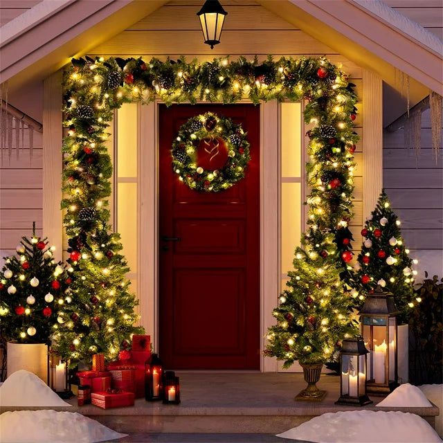 Pre-lit Christmas Decoration 4-Piece Set, Front Porch Christmas Decor with Artificial Xmas Garland, Wreath and Set of 2 Entrance Trees with Lights, Christmas Fireplace Decor for Home, Green