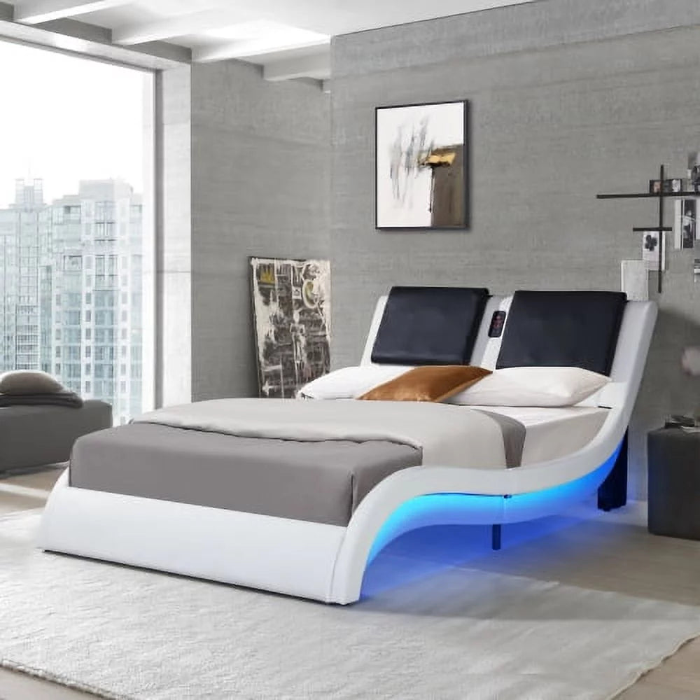 Queen Led Bed Frame, Faux Leather Upholstered Platform Bed Frame with LED Lights Underneath Wave Like Curve Low Profile Bed Frame with Headboard,Color Changing with Music, App Control, White