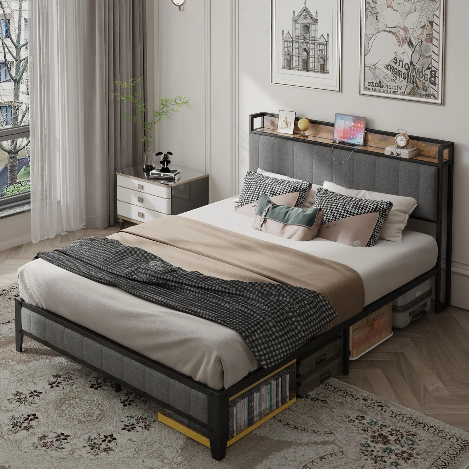 Queen Size Bed Frame with USB Charging Station, Metal Platform Bed Frame with Upholstered Storage Headboard for Bedroom, No Box Spring Needed, Noise Free, Light Grey