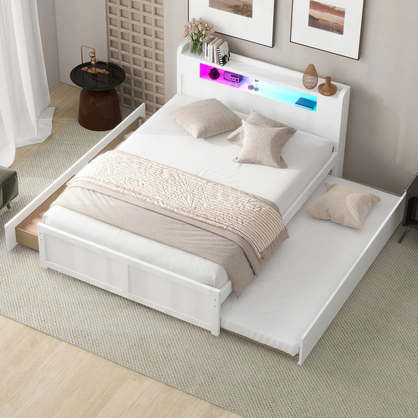 Queen Size Bed Frame w/Twin Trundle & 2 Storage Drawers, Wooden Platform Bed w/Slat Support and LED Headboard, No Box Spring Needed, for Kids Teens Adults Bedroom (White)