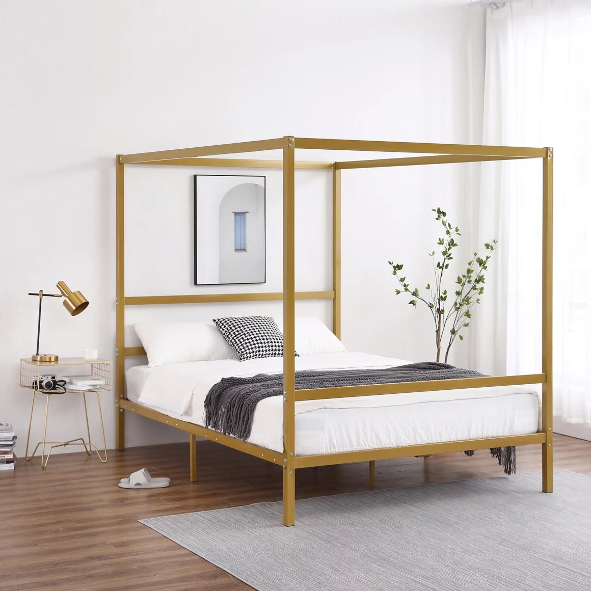 Queen Size Metal Canopy Bed, Square Tube Four-Poster Canopied Bed with Headboard and Footboard, Platform Bed Frame with Sturdy Slatted Structure, No Box Spring Needed, Noise Free, Gold
