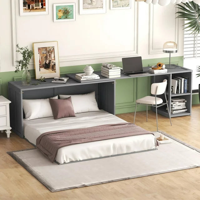 Queen Size Murphy Bed with Rotatable Desk, Space-Saving Cube Cabinet Bed Folding Floor Bed with Side Shelves, Multifunctional Wood Bed Frame for Guest Room Home Office, No Box Spring Needed, Gray