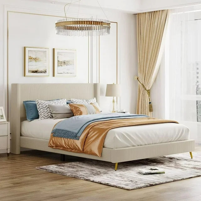 Queen Size Platform Bed, Corduroy Platform Bed with Metal Legs, Modern Upholstered Platform Bed Frame with Wingback Headboard, Strong Wood Slats Support, No Box Spring Needed, Easy Assembly, Beige