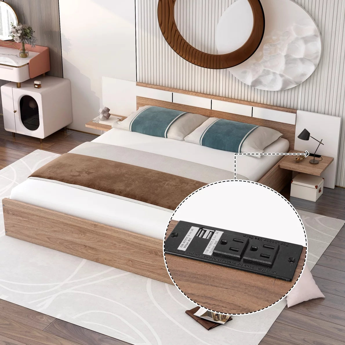 Queen Size Platform Bed with USB Ports,Sockets and Shelf, Wooden Bed Frame with Extended Headboard, Low Floor Bed with Slats Support, No Box Spring Needed,Natural