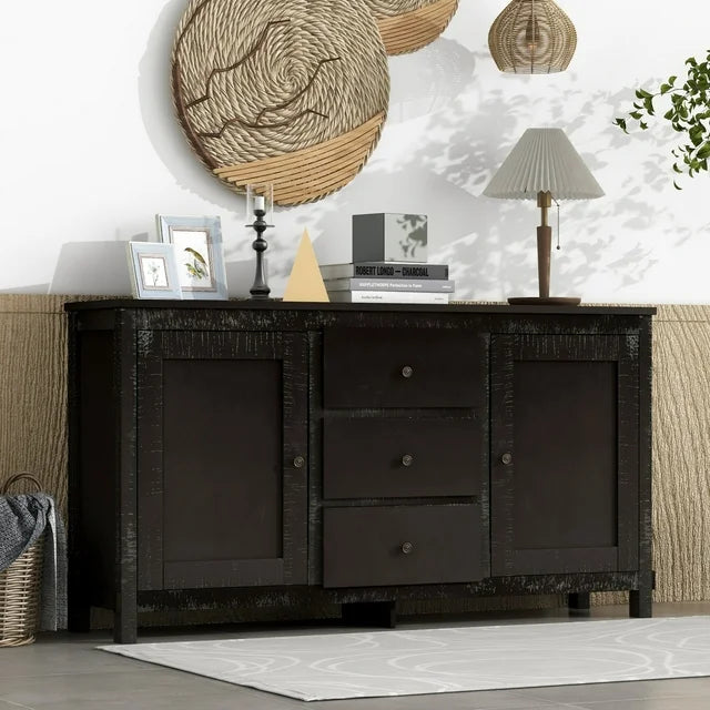 Retro Solid Wood Buffet Cabinet, 64 Inch Kitchen Sideboard with Cabinet 2 Storage Cabinets, Adjustable Shelves and 3 Drawers, Coffee Bar Cabinet Storage Cabinet for Living Room, Dining Room, Espresso