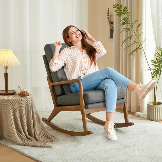 Rocking Chair, High Back Comfy Living Room Rocking Chair with Wooden Armrest, Linen Upholstered Single Sofa with Pillow Accent Chair for Living Room Bedroom, Dark Gray