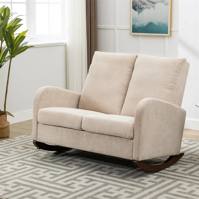 Rocking Chair with Oversized Wing Back,Extra Wide Rocking Loveseat,Mid Century Upholstered Glider Chair,Armchair for Living Room,Apartment,Weight Capacity 300 LBS,Beige