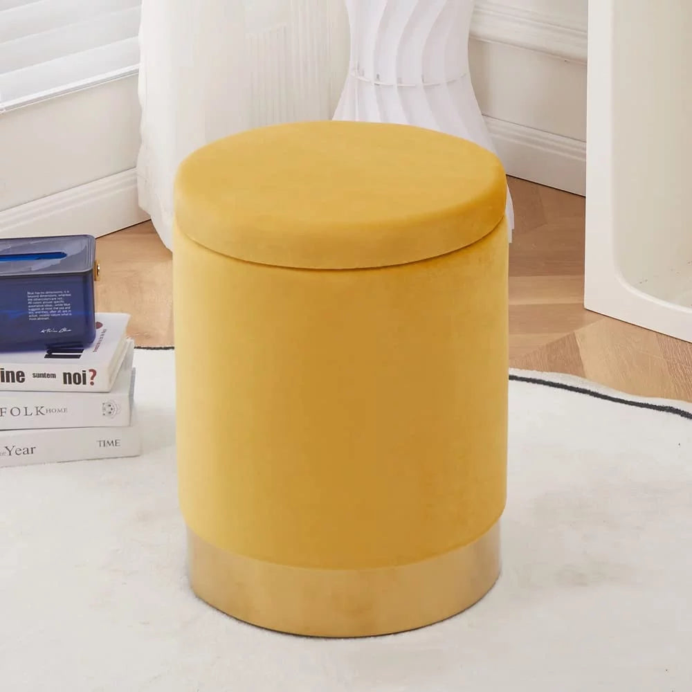 Round Footstools Velvet Storage Ottoman Multipurpose Footrest Stool with Metal Base Modern Vanity Stool Chair Foot Stools Small Side Table Support 300lbs Padded Seat for Living Room & Bedroom, Yellow