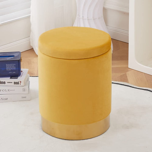 Round Footstools Velvet Storage Ottoman Multipurpose Footrest Stool with Metal Base Modern Vanity Stool Chair Foot Stools Small Side Table Support 300lbs Padded Seat for Living Room & Bedroom, Yellow