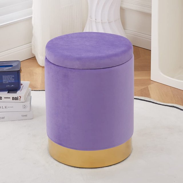 Round Footstools Velvet Storage Ottoman,Storage Ottoman Footrest Stool with Metal Base,Modern Vanity Stool Chair Foot Stools Small Side Table,Support 300lbs Padded Seat for Living Room ,Purple