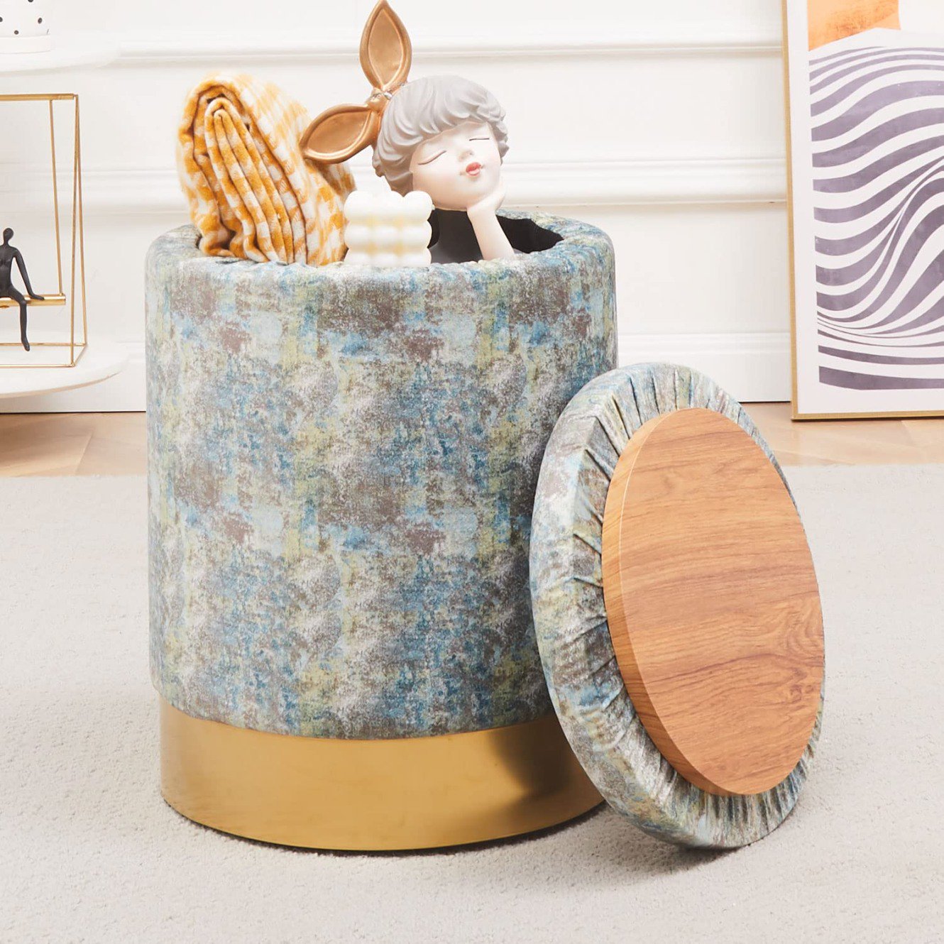 Round Footstools Velvet Storage Ottoman,Storage Ottoman Footrest Stool with Metal Base,Modern Vanity Stool Chair Foot Stools Small Side Table,Support 300lbs Padded Seat for Living Room ,Gray