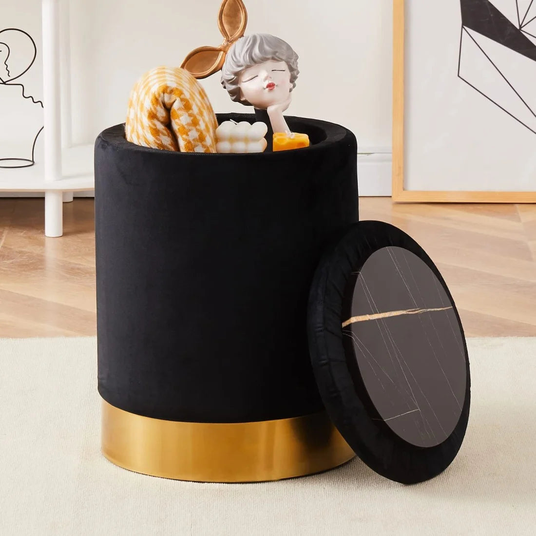 Round Storage Ottoman with Metal Base, Modern Barrel Storage Chair, Multipurpose Footrest Stool with Storage, Velvet Upholstered Vanity Stool Chair for Living Room & Bedroom, Dark Gray