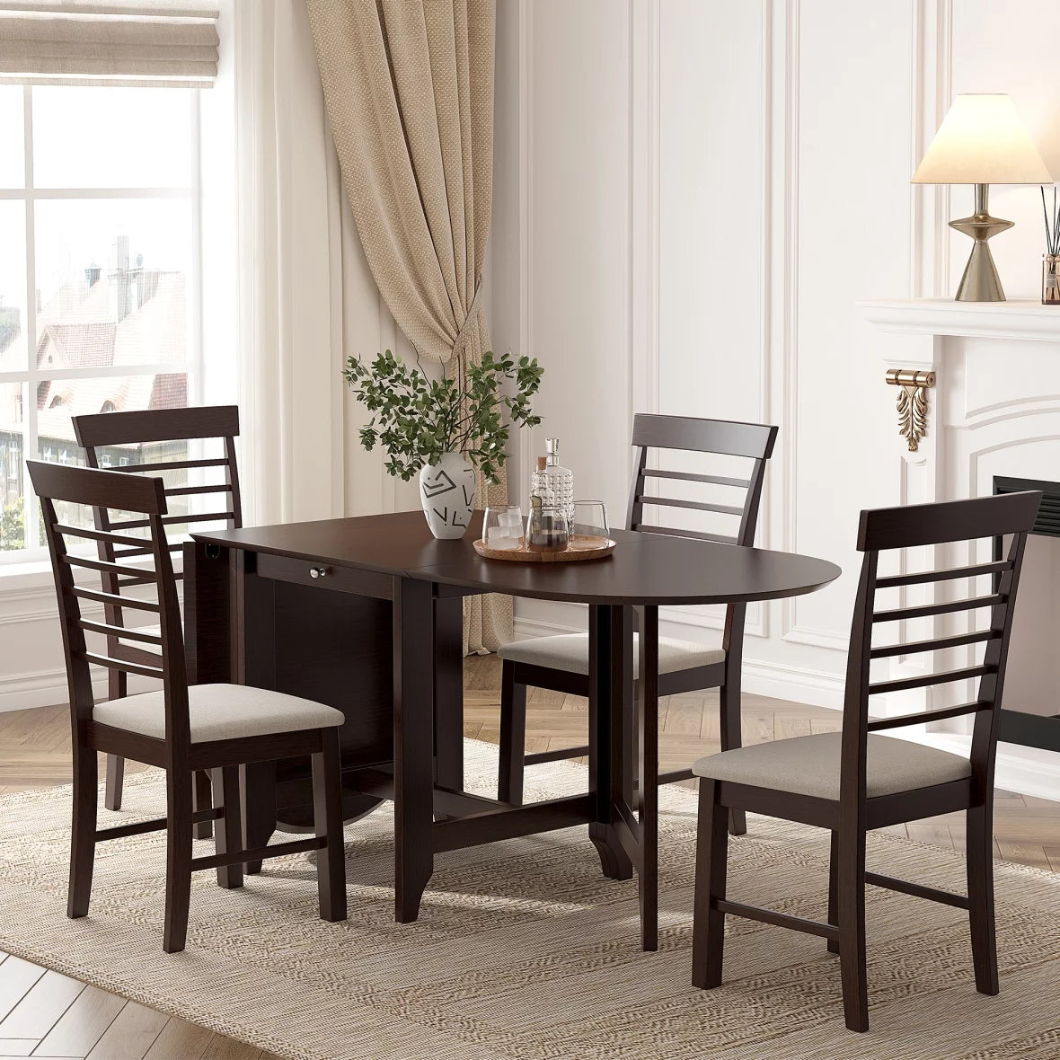 Rubber Wood Dining Table Set for 4,Retro Drop Leaf Table with Spacious Tabletop Small Drawer and 4 PCS Upholstered Dining Chairs with Backrest for Small Space Kitchen,Cream and Dark Cappuccino