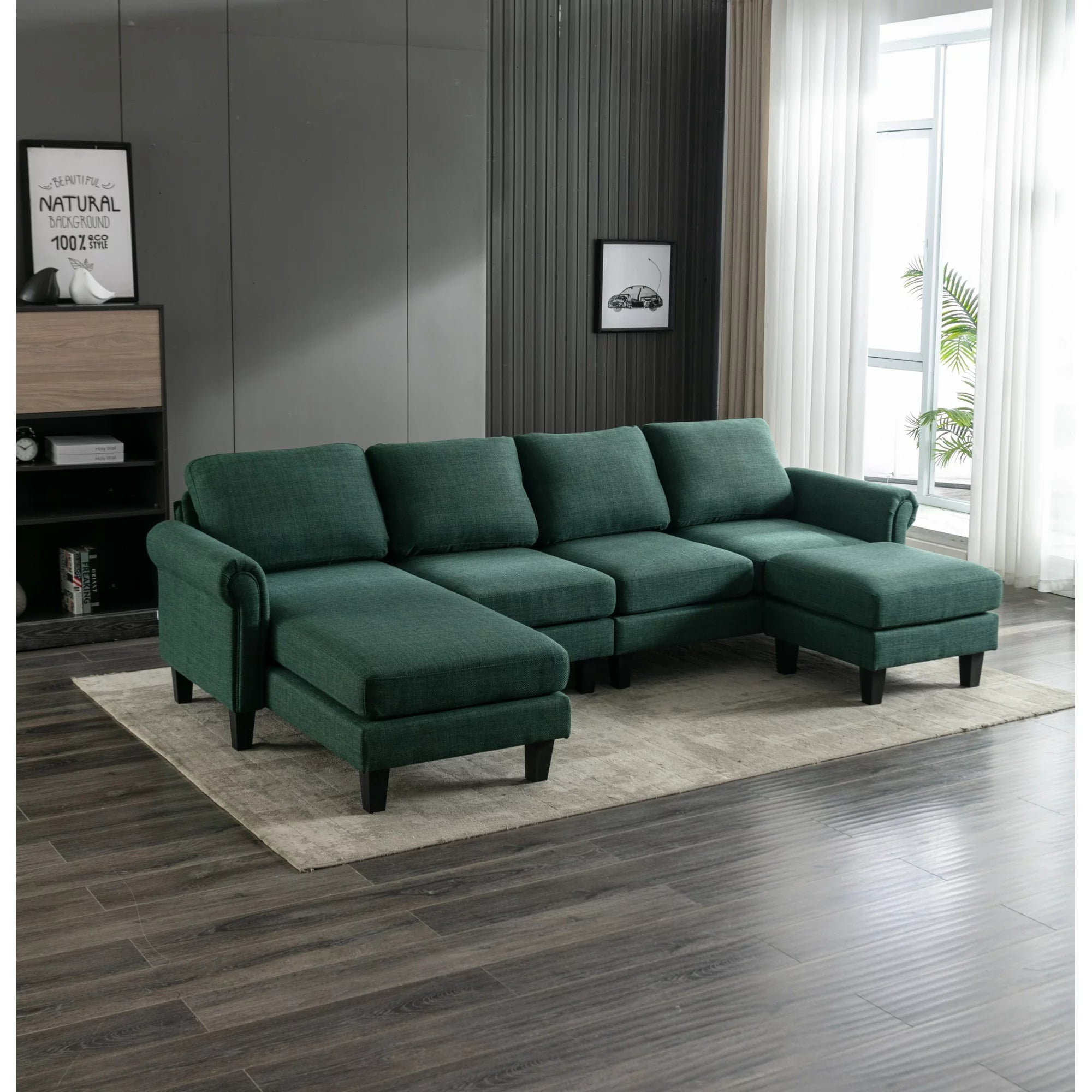 Sectional Sofa Couch with 2 Pillows, L-Shaped Sofa with Ottoman, Modern Linen Upholstered Sectional Couch with Curve Arms and Thick Backrest for Living Room Furniture Sets, Office, Emerald