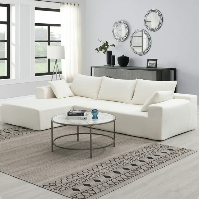 Sectional Sofa Sleeper Couch, Chenille Upholstered L-Shape Sleeper Sofa with 2 Pillows & Armrest, Convertible Modular Minimalist Sofa for Apartment Living Room, 2 PC Free Combination, White