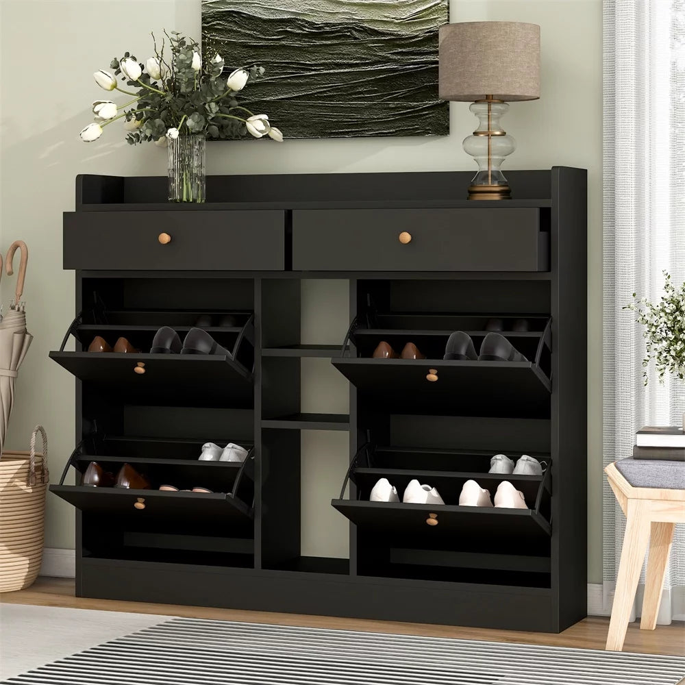 Shoe Cabinet with 4 Flip Drawers for Entryway, Modern 2-Tier Shoe Storage Organizer, Freestanding Slim Narrow Shoe Rack, Black (50.7"W x 9.4"D x 42.5"H)