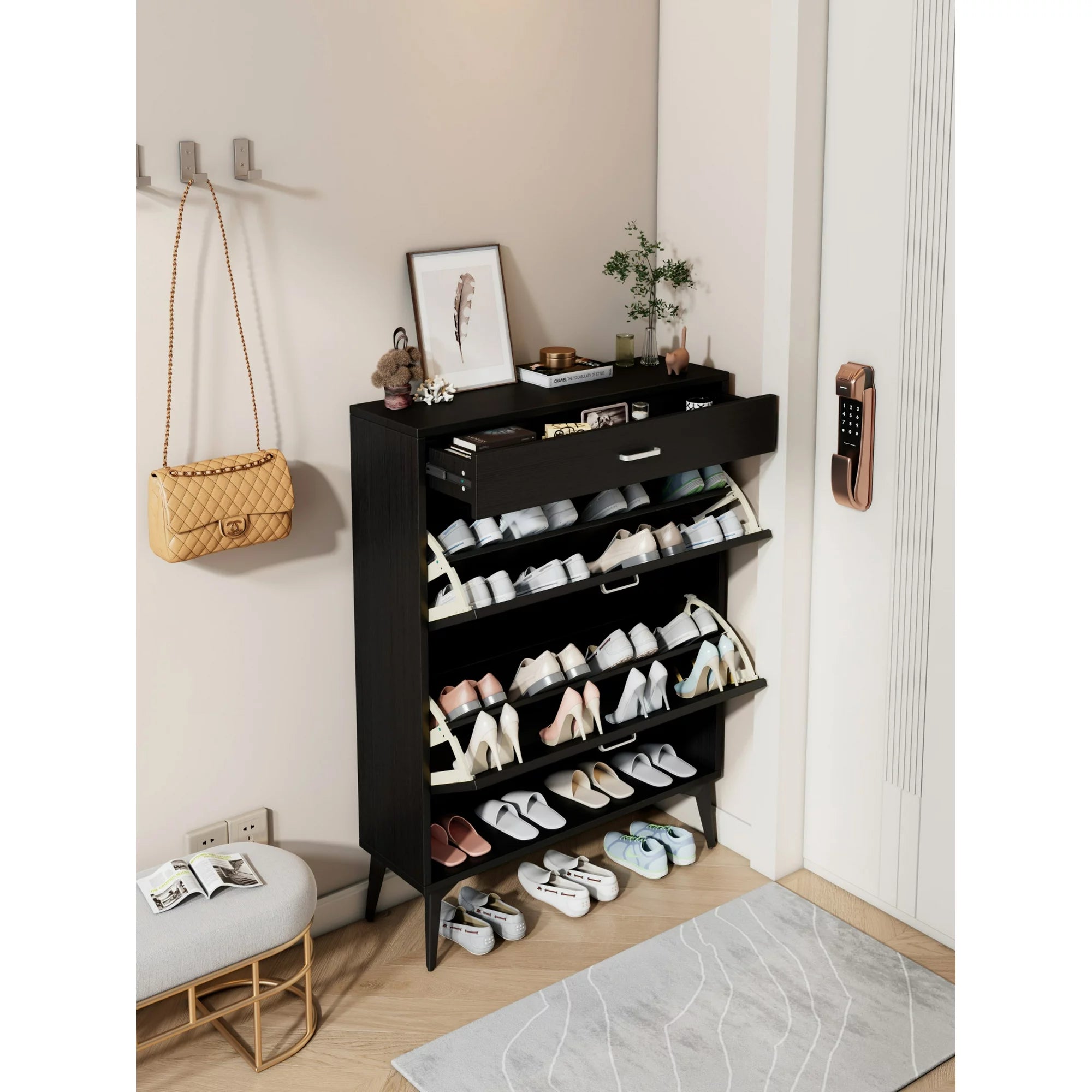 Shoe Cabinet with 2 Flip Drawers,Entryway Shoe Storage Cabinet with Open Shelves and Drawer,Shoe Storage Shelves for Entryway Hallway,Black