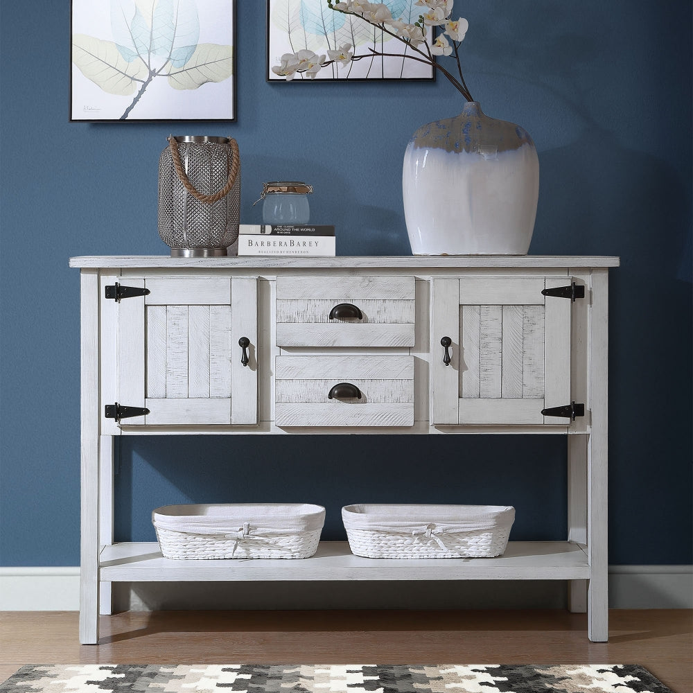 Solid Wood Console Table,Storage Sideboard with 2 Drawers and Cabinets and 1 Bottom Shelf, Retro Style Dining Buffet Server Cabinet for Living Room Kitchen Dining Room Furniture(Antique White)